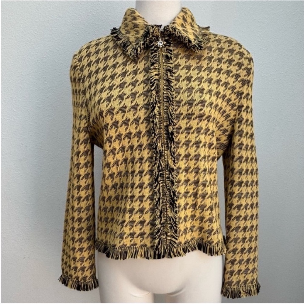 St John Collection Vintage Jacket Houndstooth Knit Archival Yellow Black Size 8